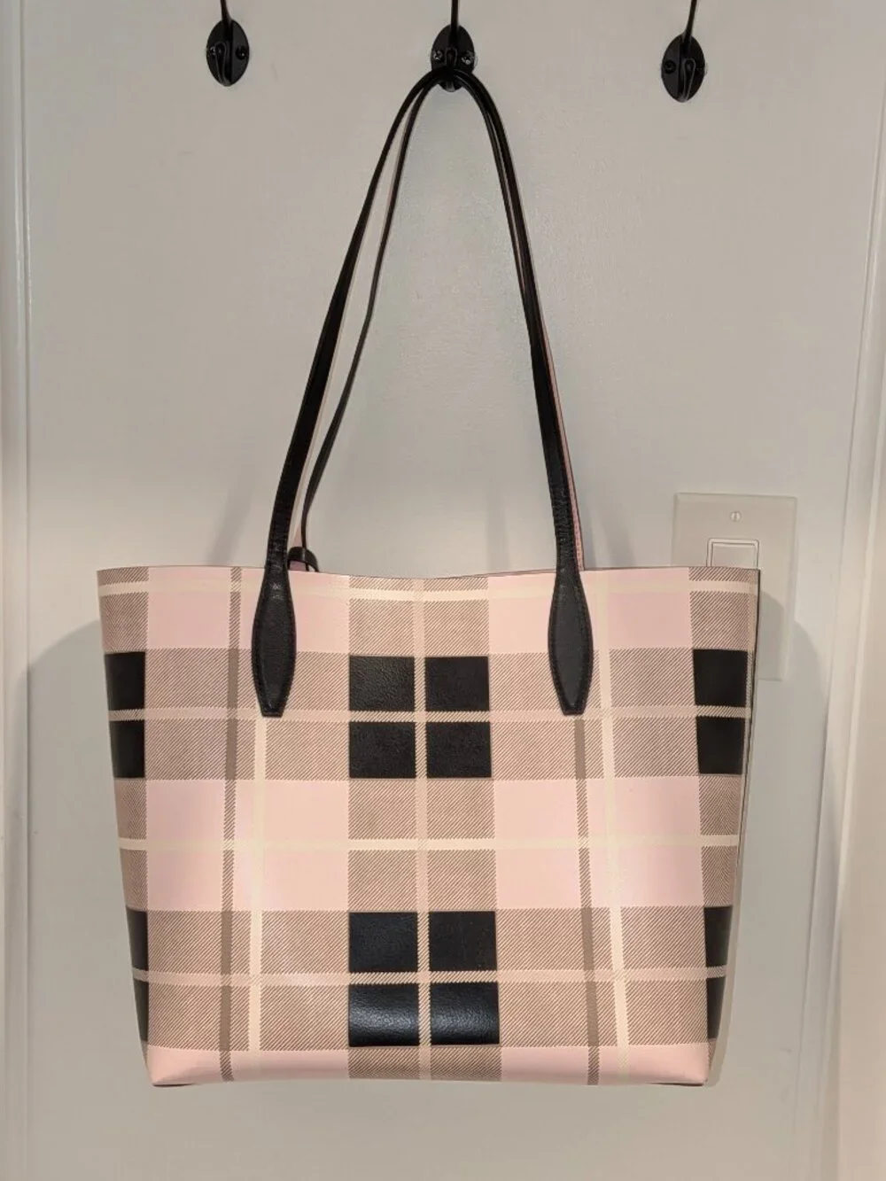 Kate Spade Arch Woodland Plaid Large Reversible Tote + Detachable Wristlet EUC